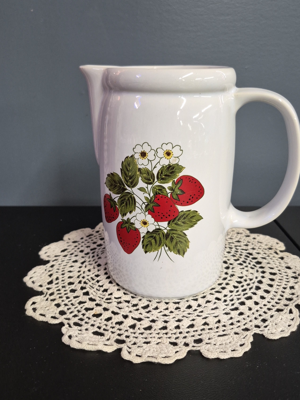 White Ceramic Pitcher with Red Strawberry Motif